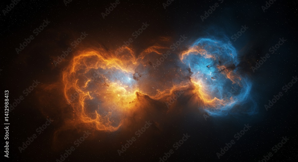 Poster cosmic nebula collision - a stunning of two vibrant nebulae colliding, creating a breathtaking spect