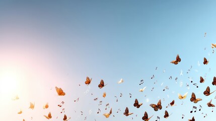 Abstract scene of floating musical notes turning into butterflies in sunrise sky, imaginative and emotional visual perfect for music themes, copyspace for text - beauty floating