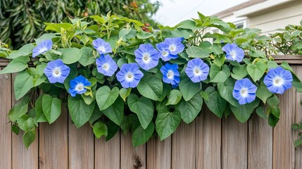 Blue morning glory blooms cascading over a wooden fence.  Vibrant flowers and lush foliage