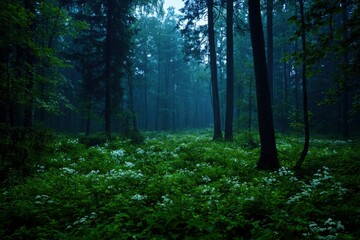 Obraz premium Misty forest at twilight