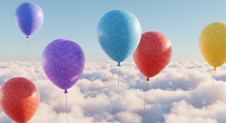 Floating Glitter Pride Balloons – 3D Illustration	A festive 3D AI-generated scene featuring rainbow-colored balloons floating in a bright sky, covered in sparkling glitter to celebrate Pride Month 