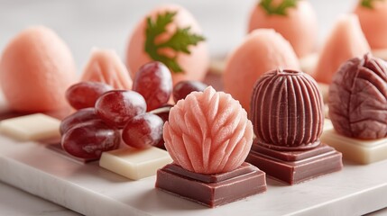 Edible chessboard using white chocolate squares and dark grapes, paired with fruit-shaped chess pieces made from carved melon, copyspace for text - competition unique gourmet dark