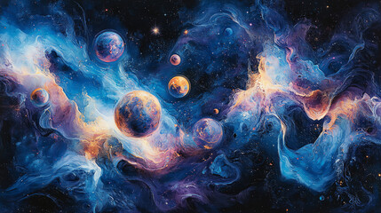 Fototapeta premium Explore a dreamy liquid space with floating planets, stars, and galaxy swirls in deep blues and purples. A mystical, cosmic fantasy perfect for wallpapers, art, and creative projects