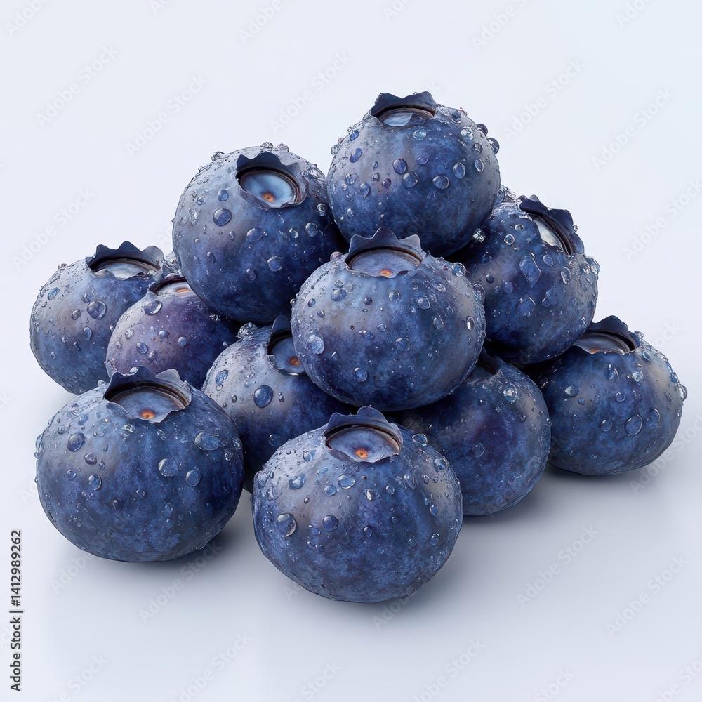 Aufkleber fresh blueberries 3d rendering with realistic texture and dewdrops in clean white studio setting