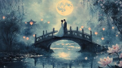 A couple shares a tender embrace on a serene bridge, illuminated by a full moon. Lotus flowers bloom nearby, while lanterns float on the water, creating a magical atmosphere