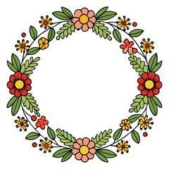 Circular Floral Wreath Design with Red and Yellow Flowers