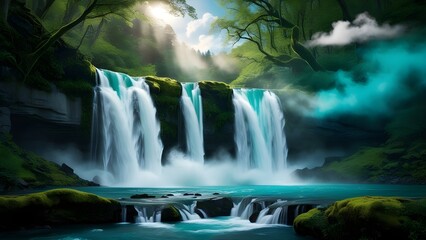 A serene and mystical Stormpetal Falls, nestled deep within a lush, emerald-green forest, cascading down moss-covered, granite rocks, creating a misty veil that rises into the air, as dappled sunlight