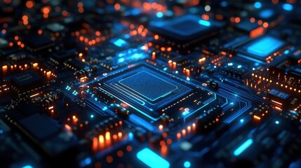 Obraz premium Futuristic Quantum Computing Processor with Neural Network Visualization Glowing Circuit Paths and Advanced AI Technology Components