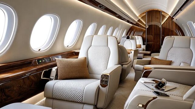 Luxurious interior of a private jet with elegant seating and ambient lighting