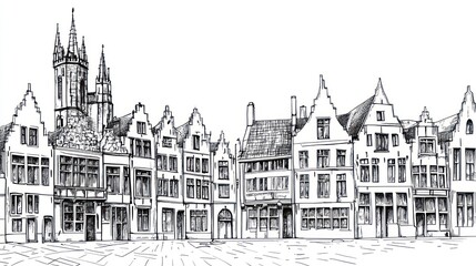 European city sketch, historic buildings, urban landscape, architectural drawing, background illustration, for publication, education, or commercial use
