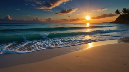 Fototapeta premium Tropical sunset beach, waves gently rolling ashore