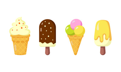 Set of ice cream. Yummy street food. Vector illustration on white background.