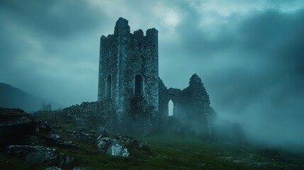 Haunting Medieval Castle Ruins at Twilight with Mysterious Fog Rolling Through Ancient Stone Towers and Crumbling Battlements Perfect for Fantasy or Horror Themes
