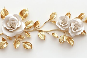 3D large pure white roses with gold leaves 