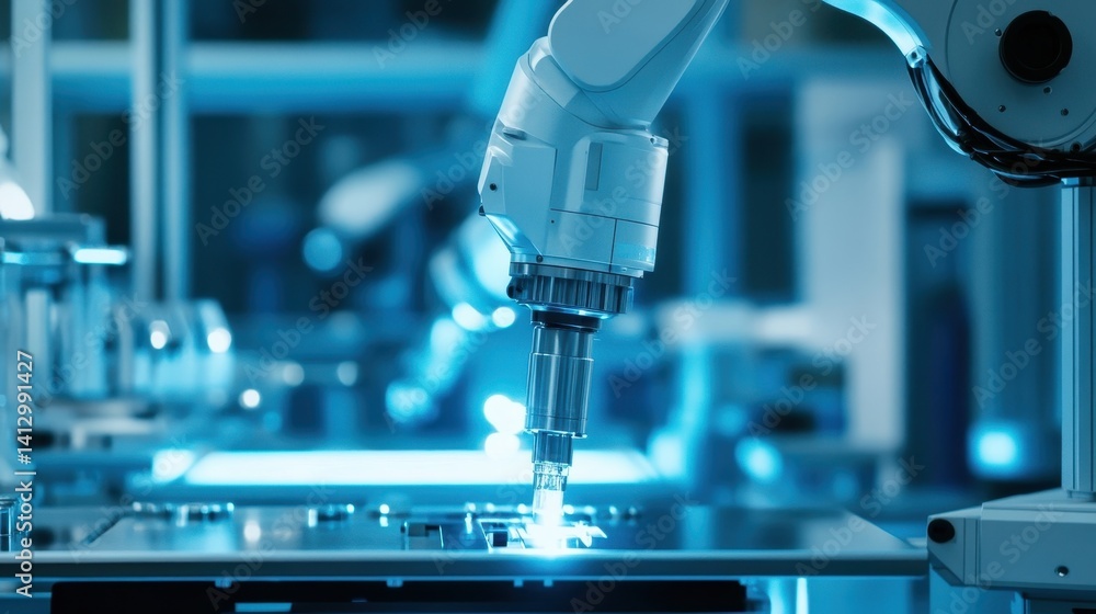 Poster industrial collaborative robot operating high-tech manufacturing process with precision laser compon