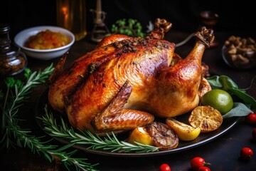 Roasted Chicken: The centerpiece of a festive meal, a succulent roasted chicken rests on a platter, surrounded by fresh herbs, citrus, and accompanying dishes, a feast for the senses.