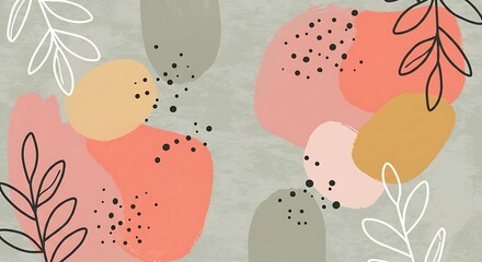 Abstract Organic Shapes Dancing on Grunge Canvas: Coral, Mustard, Sage, and Botanical Lines Unite in Modern Bohemian Artistry