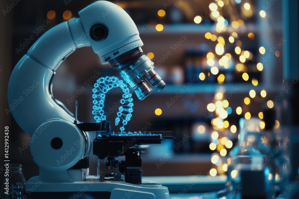 Poster microscope illuminating dna structure in modern laboratory with ambient lights