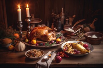 Thanksgiving Feast: A sumptuous spread, the centerpiece a golden-brown roasted bird, illuminated by the soft glow of candlelight. A feast to share and be thankful for. 