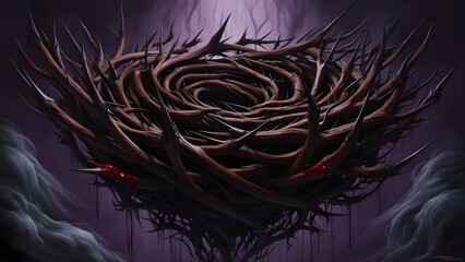 A dark, ominous, and surreal depiction of a torrent of thorns, with long, twisted, and razor-sharp branches swirling together in a mesmerizing vortex, as if pulled by an otherworldly force. The thorns