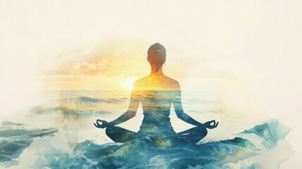 A person sits cross-legged on the shore, practicing meditation as the sun rises over the ocean. Gentle waves lap at the feet, creating a serene atmosphere filled with light
