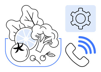 Tomatoes, citrus, leafy greens, broccoli, and cherries paired with cogwheel, phone, and signal. Ideal for food services, tech communication agriculture sustainability farm-to-table meal delivery