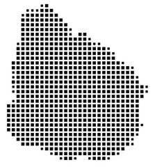 Abstract map of Uruguay showing the country with a pattern of black squares