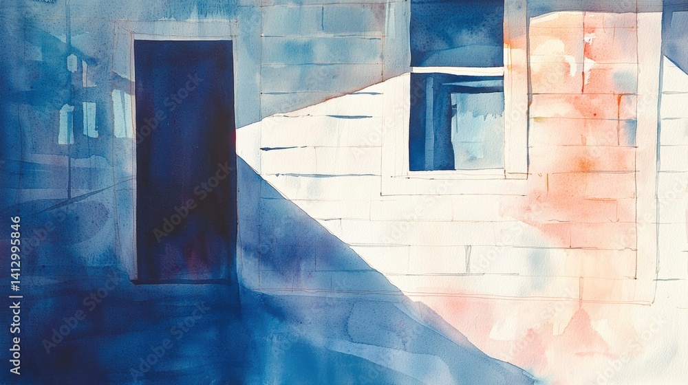 Poster subtle light streams through an open doorway, casting elongated shadows on a textured wall. the soft