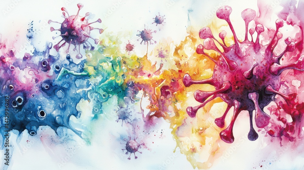 Poster a vibrant illustration showcases various viruses in bright colors and abstract shapes, highlighting 