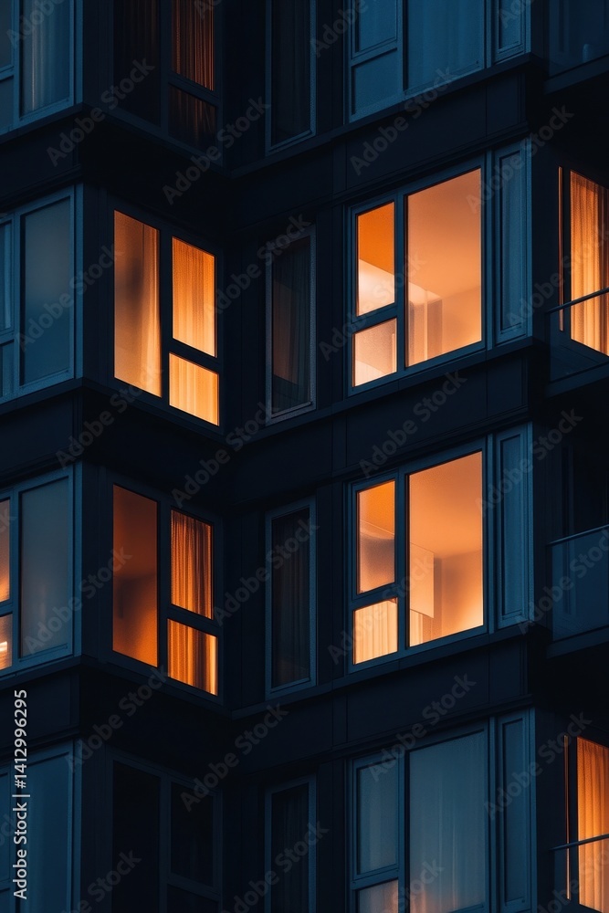 Poster metropolitan nightscape illuminated windows creating abstract pattern in modern high rise building a