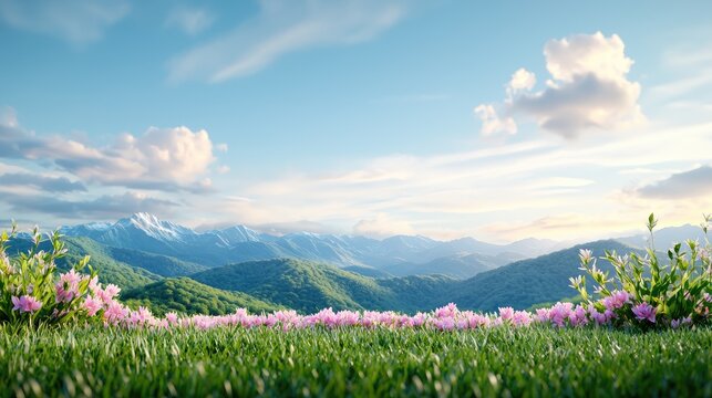 Pink wildflowers bloom in a lush green alpine meadow with majestic snow-capped mountains under a blue sky.
