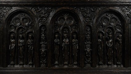 Obraz premium Elegant Gothic style wall paneling in ebony stained oak showcasing intricate pointed arch motifs with detailed carvings