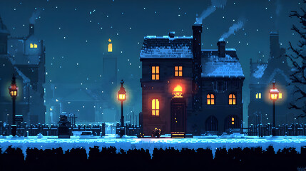 Obraz premium Pixel Art Snowy Townscape at Night with Glowing Streetlights and Snow Covered Buildings in Wintertime Digital Landscape