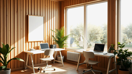 Fototapeta premium Cozy Modern Home Office with Natural Wood Accents