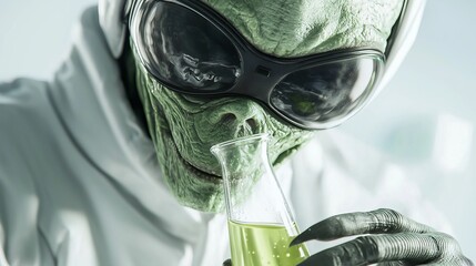 A green alien in a lab coat examines a test tube filled with green liquid, set against a futuristic laboratory backdrop.