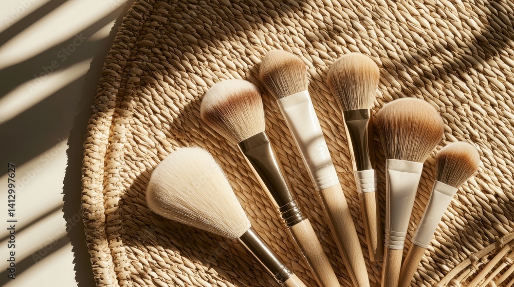 Poster a collection of makeup brushes is displayed artistically on a round woven mat, illuminated by soft m