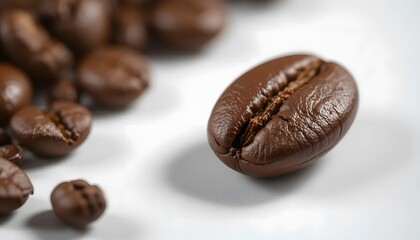 Fototapeta premium Photorealistic close-up of a single coffee bean with rich brown tones, intricate surface details, and natural shadows, isolated on a white background