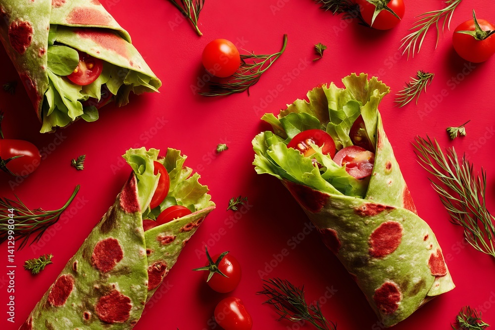 Poster overhead view of fresh wraps with lettuce and tomatoes on a vibrant red colored background surface f