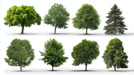 A diverse collection of green trees is neatly arranged against a clean white background, showcasing various shapes, sizes, and foliage textures.

