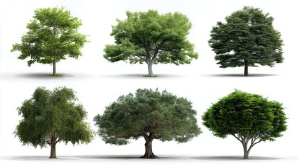 Obraz premium A diverse collection of green trees is neatly arranged against a clean white background, showcasing various shapes, sizes, and foliage textures.