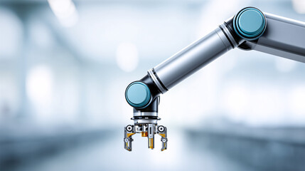 Obraz premium robotic arm with metallic finish and blue accents is shown in modern industrial setting, highlighting its precision and advanced technology. background is softly blurred