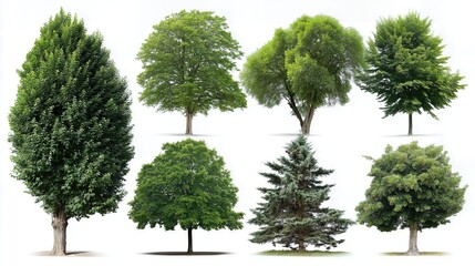 A diverse collection of green trees is neatly arranged against a clean white background, showcasing various shapes, sizes, and foliage textures.

