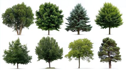 A diverse collection of green trees is neatly arranged against a clean white background, showcasing various shapes, sizes, and foliage textures.


