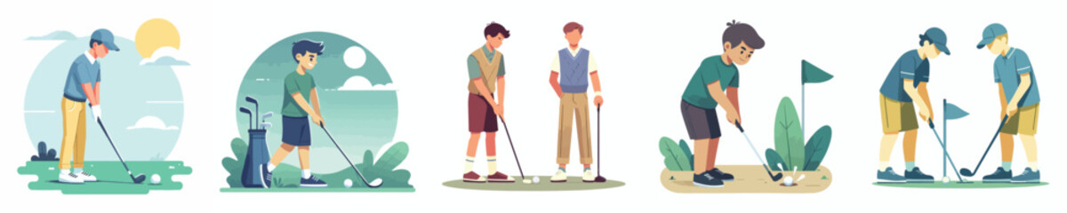 vector flat design collection of young men playing golf