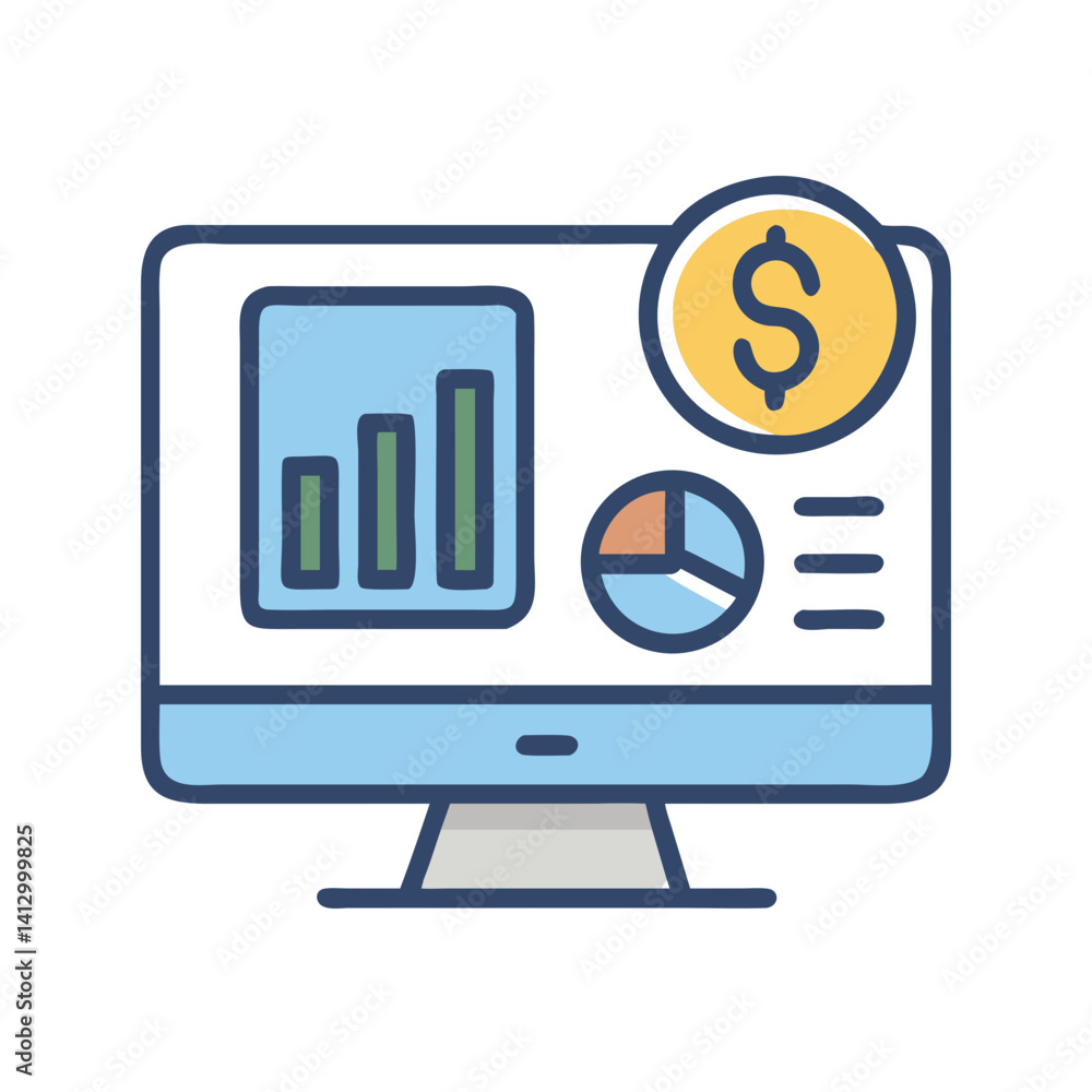 Poster desktop with analytics icon representing financial analysis
