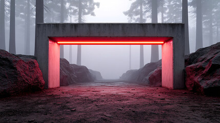 concrete structure with neon red light creates futuristic atmosphere in misty forest, surrounded by tall trees and rocky terrain. scene evokes sense of mystery and intrigue