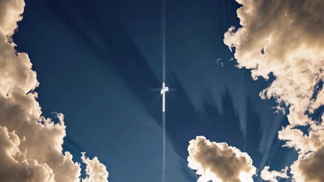 A divine cross shines brightly in a heavenly sky, surrounded by clouds. The video captures this from a low angle, emphasizing a spiritual, uplifting theme. Live desktop wallpaper.