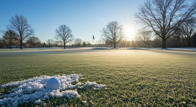 Frosty Fairway: Golf Ball in Winter Wonderland - A golf ball rests on a snow-covered green, bathed in the warm glow of sunrise. Winter golf scene