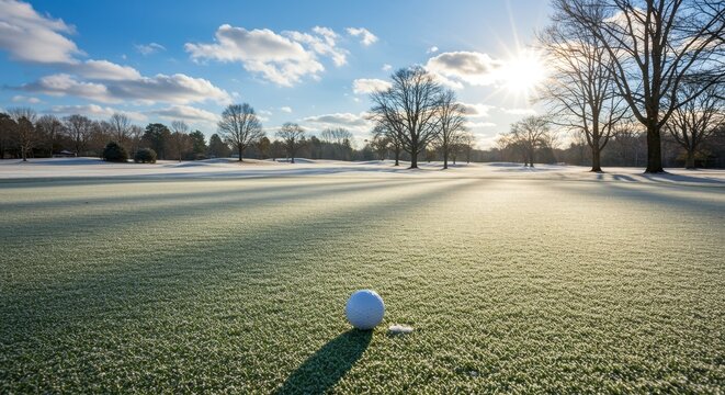 Frosty Fairway Golf Scene Sunrise - Serene winter golf scene. Frosty green, bright sun, snow, golf ball, peaceful. Symbolizes tranquility, winter sport, precision, challenge, and nature's beauty