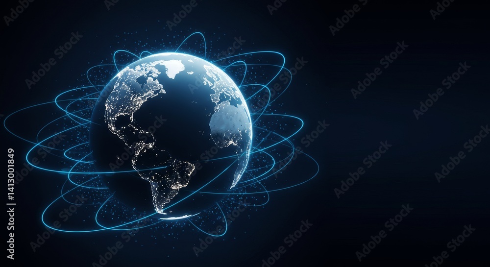 Poster global network connections - illuminated earth globe surrounded by glowing network connections, symb